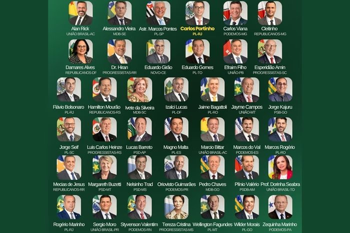 Ilustração com fotos e nomes dos senadores que assinaram pedido de impeachment de Alexandre de Moraes